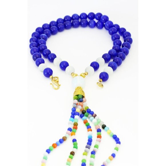 Long Cobalt Blue Cat’s Eye Necklace with Tassel - Picture 1 of 3
